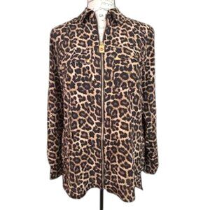 Michael Kors Leopard Print Pebble Crepe Full Zip Top